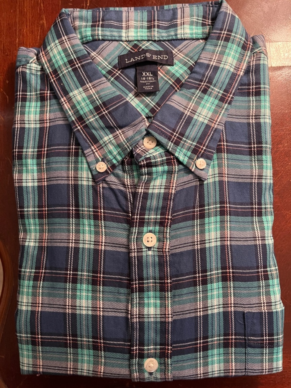 Lands' End Men's Blue and Turquoise Plaid Button-Down long sleeve Shirt